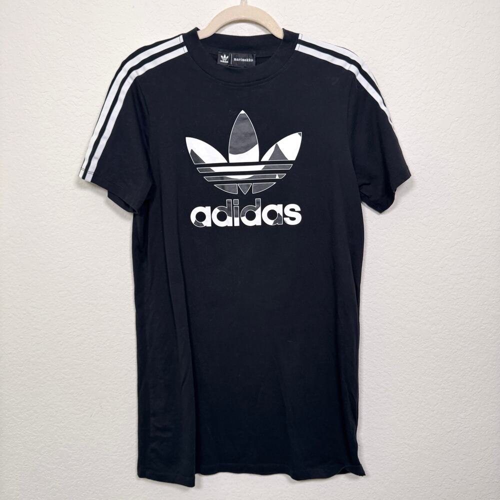Adidas X Marimekko Womens Trefoil Print Tee Shirt Mini Dress Size S Cotton Black